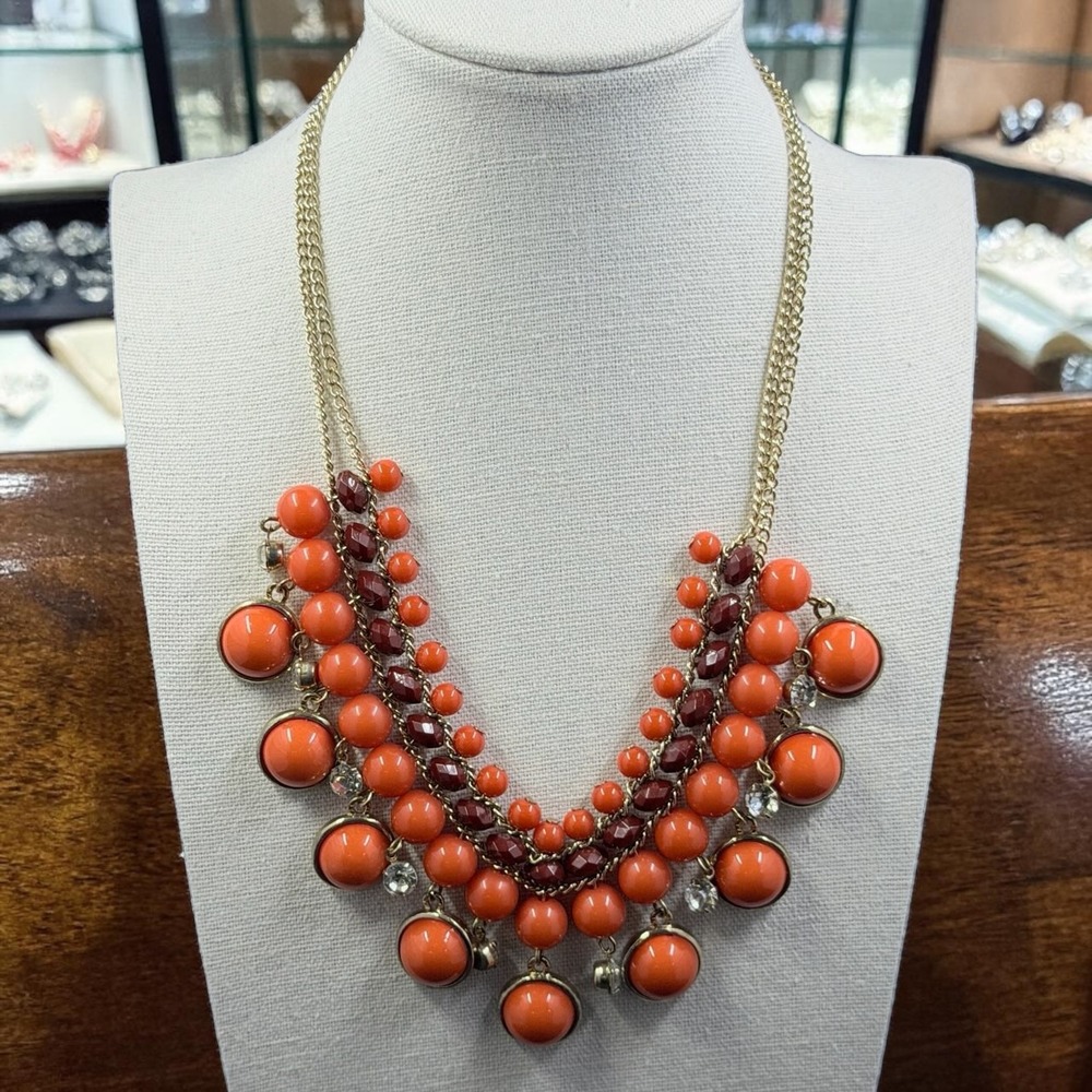 Statement Orange Beaded Bib‎ Necklace Vintage Chunky Bold Y2K Glam Boho 20"